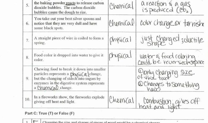 Introduction to physical and chemical changes worksheet answers